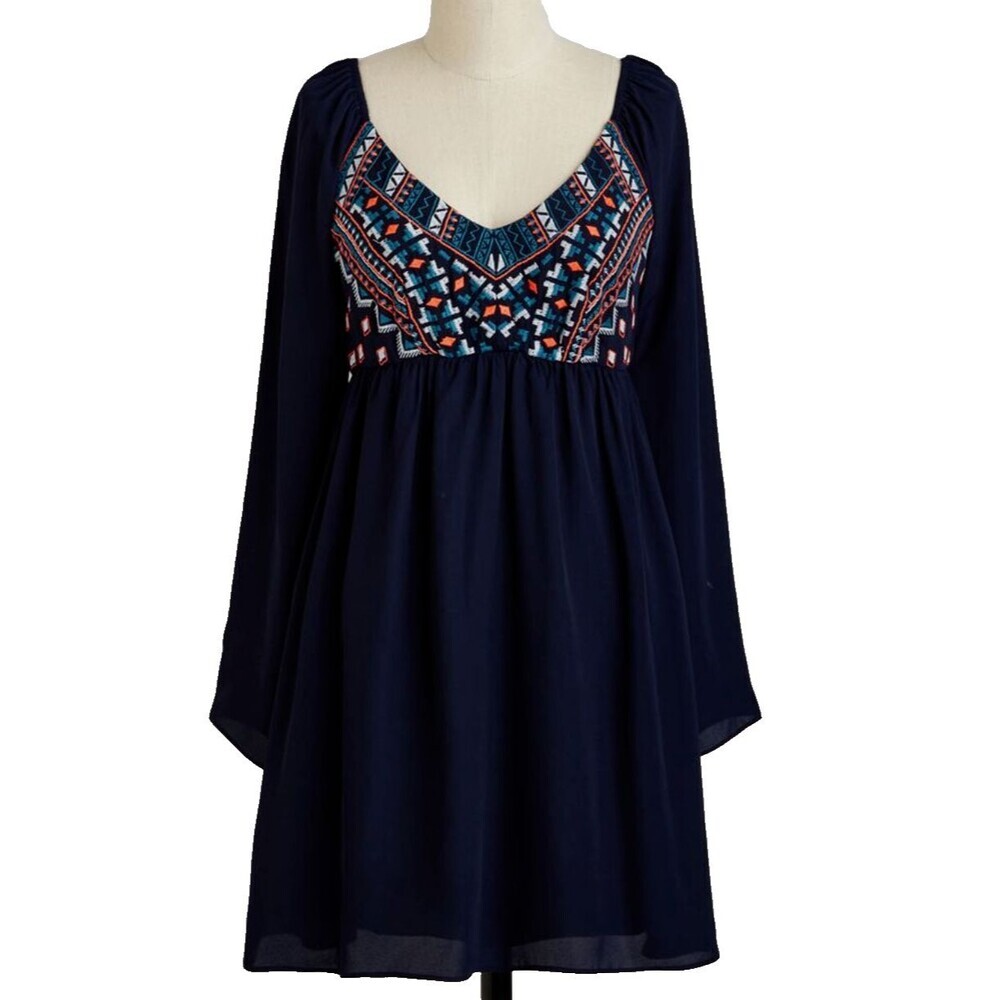 Jodi Kristopher Navy Geometric Embroidered Mini Draped Sleeves Size L